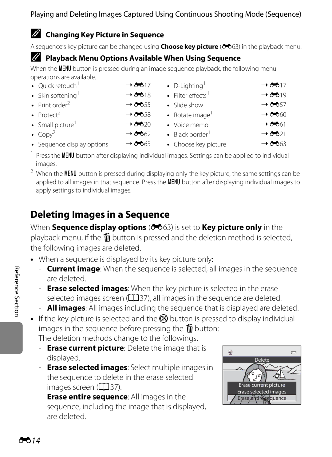 Nikon COOLPIXP510BLK, COOLPIXP510RED manual Deleting Images in a Sequence, E14, Changing Key Picture in Sequence 