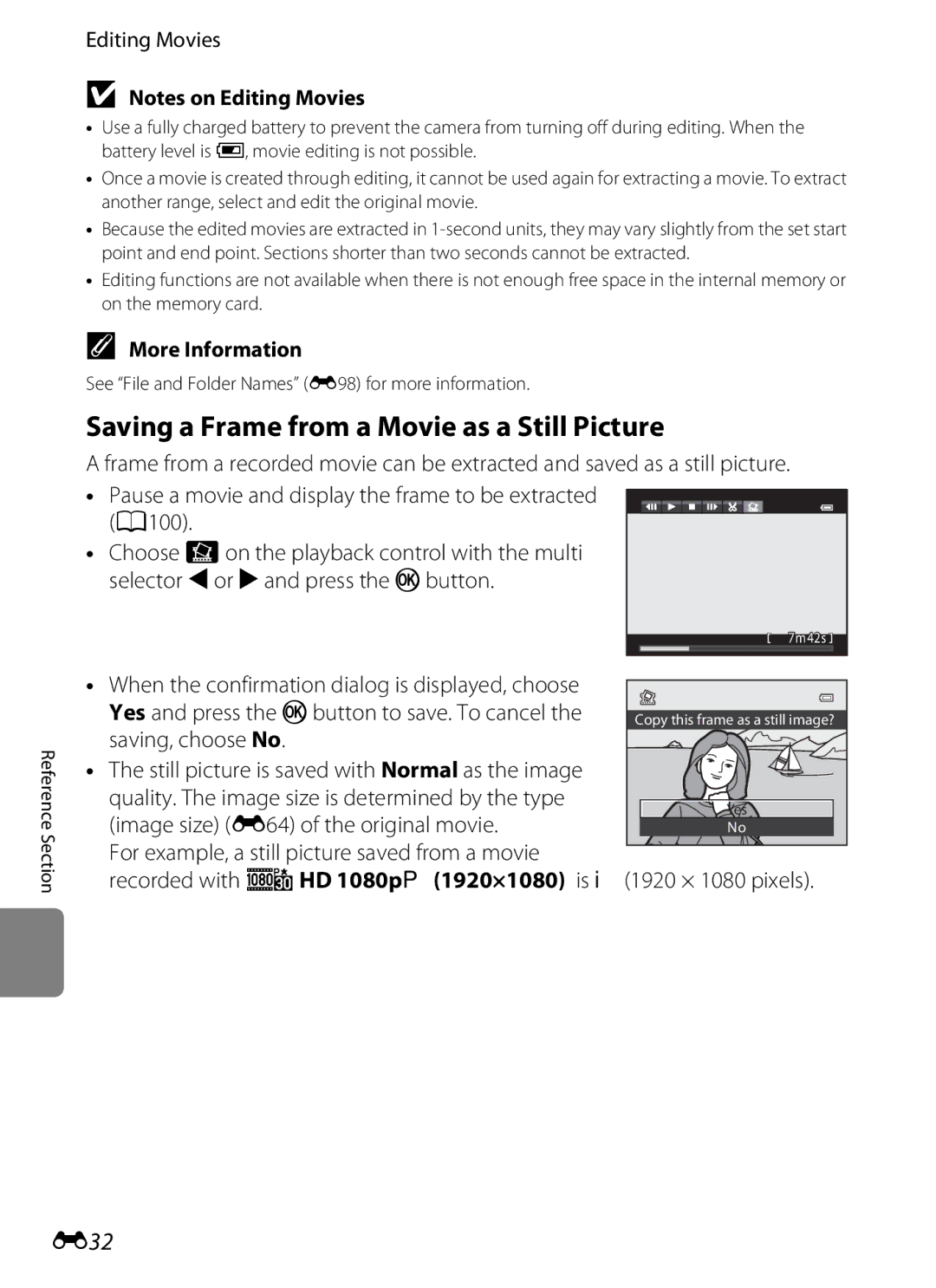 Nikon P510 manual Saving a Frame from a Movie as a Still Picture, E32, Editing Movies, Image size E64 of the original movie 