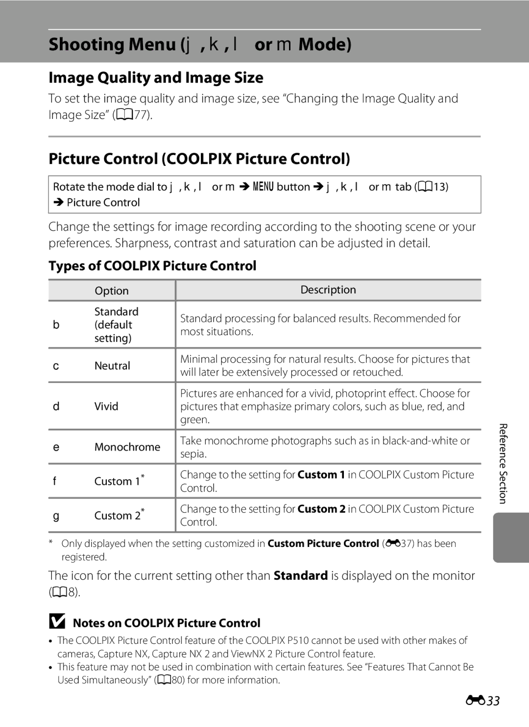 Nikon COOLPIXP510BLK Shooting Menu j, k, l or m Mode, Image Quality and Image Size, Types of Coolpix Picture Control, E33 