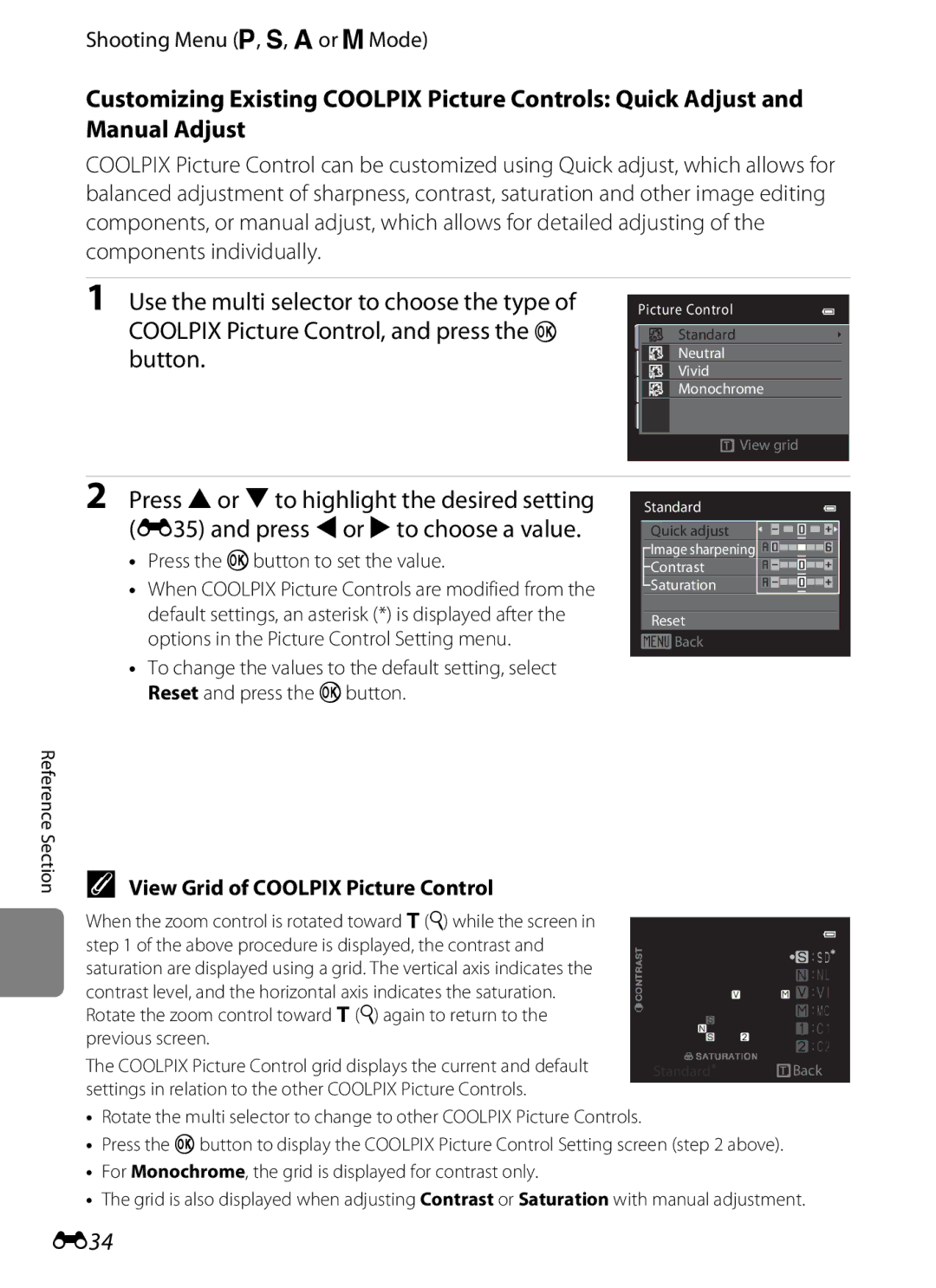 Nikon COOLPIXP510RED, COOLPIXP510BLK manual E34, Shooting Menu j, k, l or m Mode, View Grid of Coolpix Picture Control 