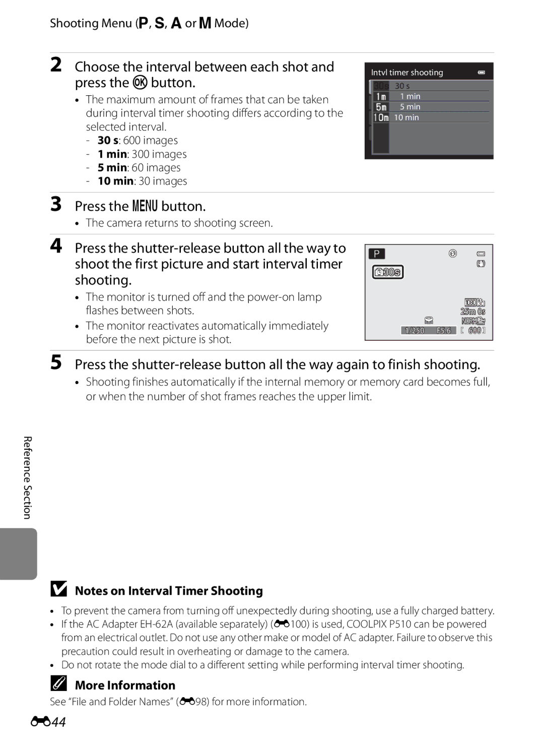 Nikon P510 manual Choose the interval between each shot and press the kbutton, E44, Camera returns to shooting screen 