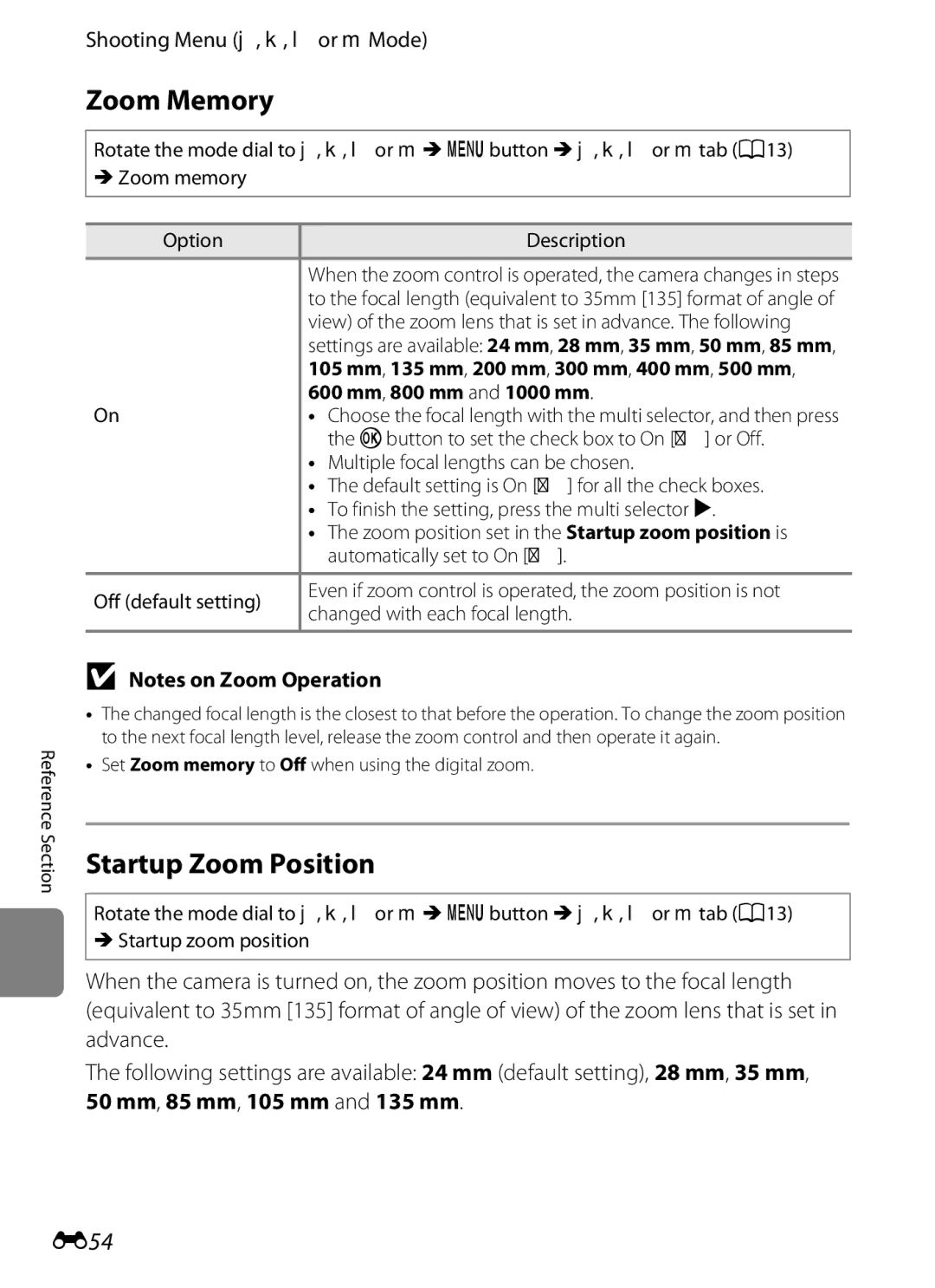 Nikon COOLPIXP510BLK, COOLPIXP510RED manual Zoom Memory, Startup Zoom Position, E54, 600 mm, 800 mm and 1000 mm 