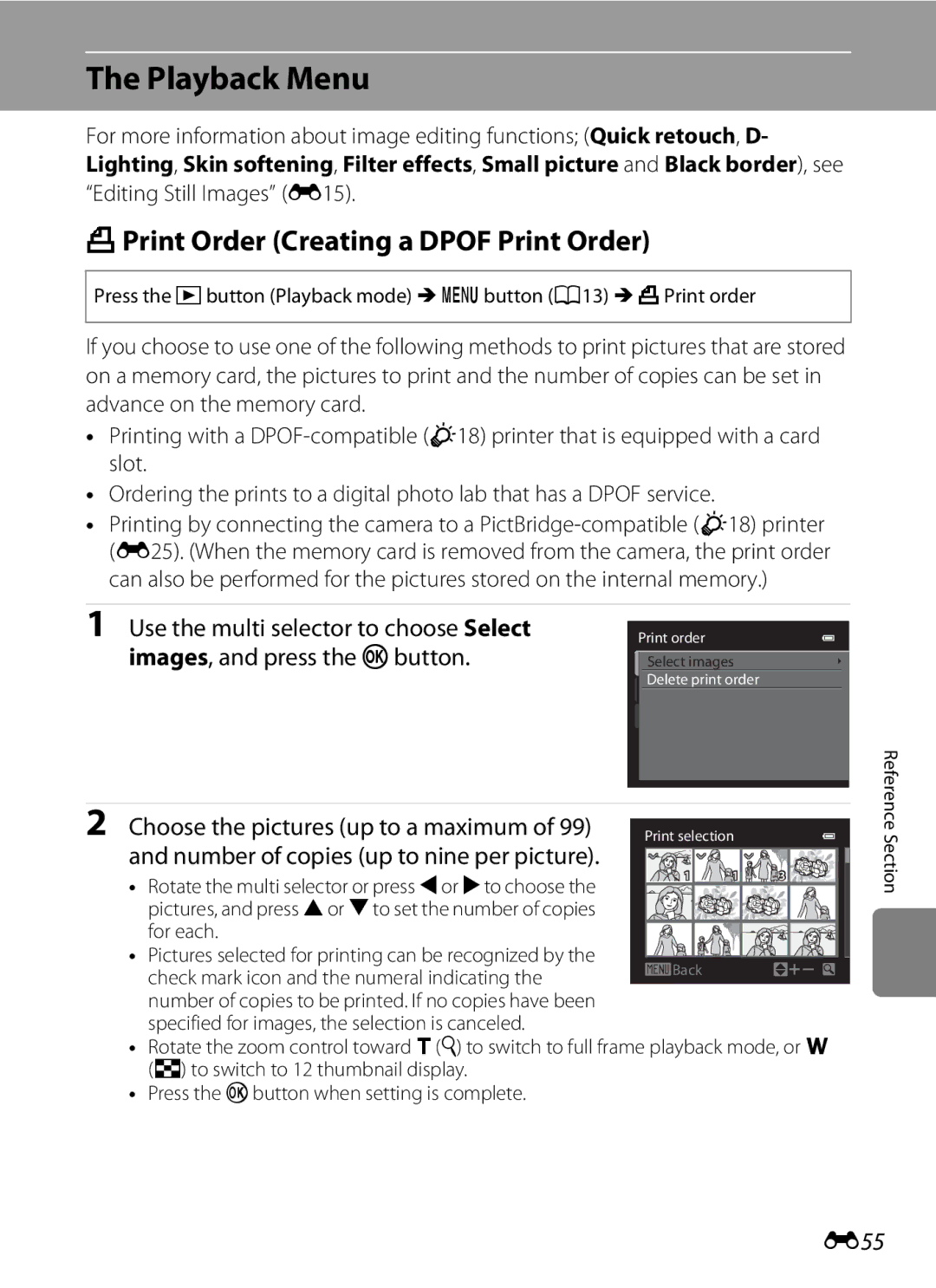 Nikon COOLPIXP510RED, COOLPIXP510BLK manual Playback Menu, APrint Order Creating a Dpof Print Order, E55 