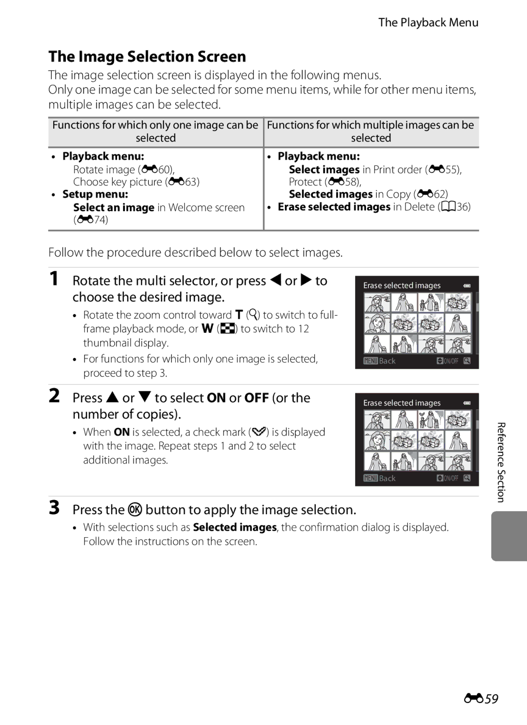 Nikon COOLPIXP510BLK manual Image Selection Screen, Press Hor Ito select on or OFF or the number of copies, E59 