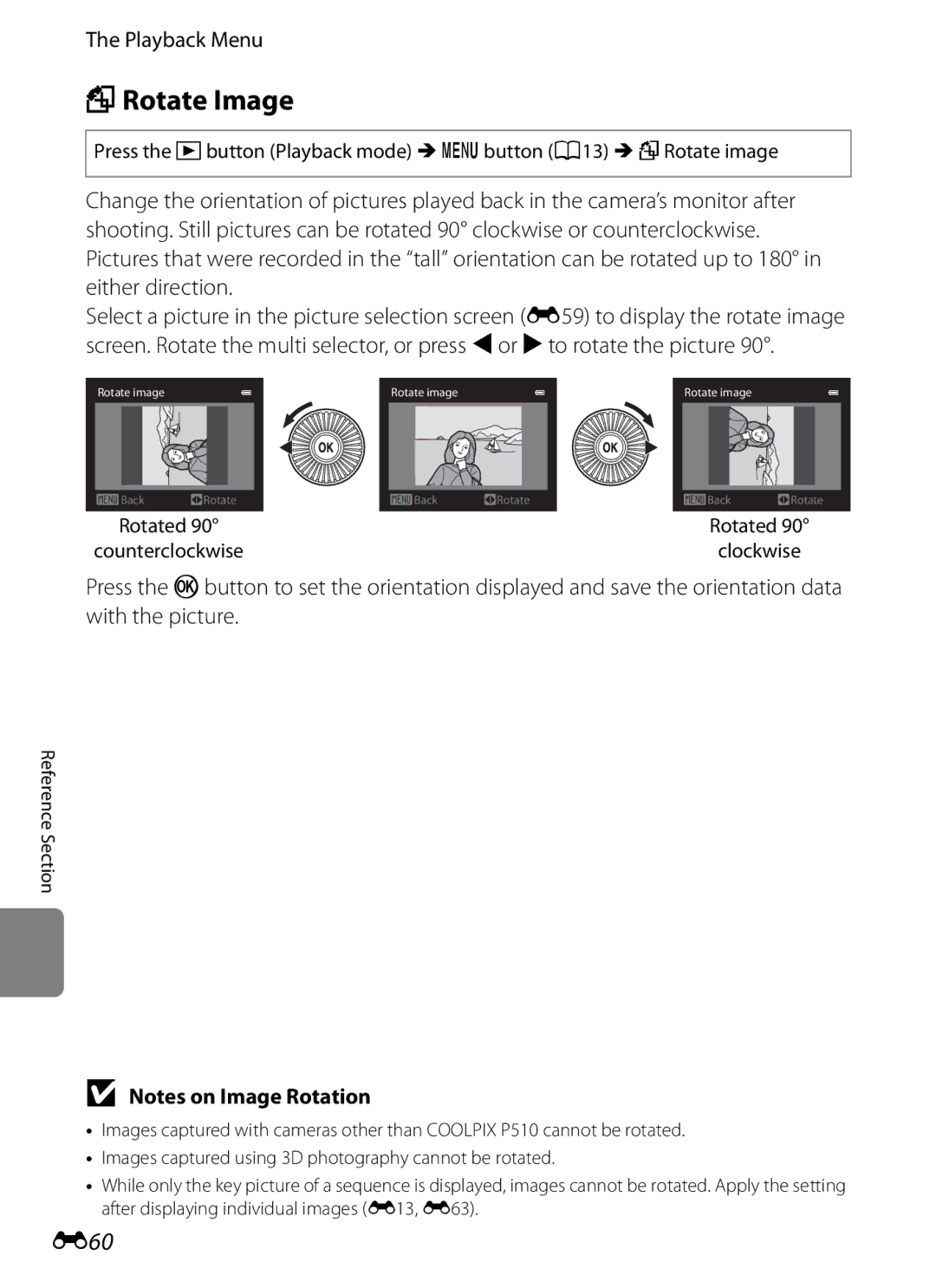 Nikon COOLPIXP510BLK FRotate Image, E60, Press the cbutton Playback mode Mdbutton A13 MfRotate image, Rotated Clockwise 