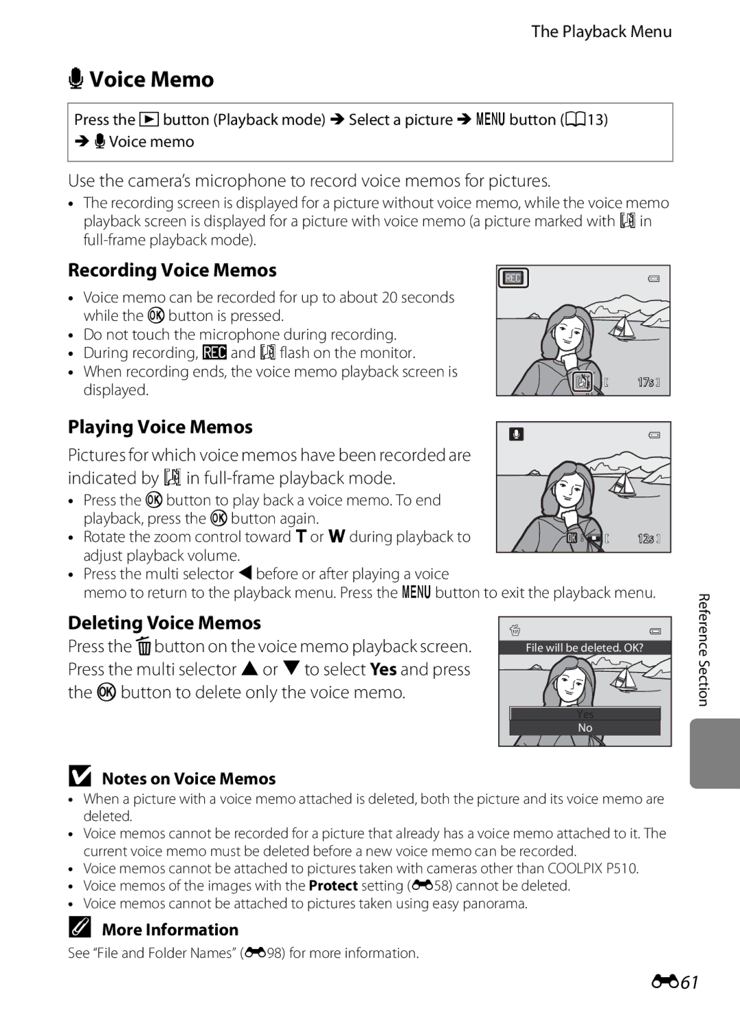 Nikon COOLPIXP510RED, COOLPIXP510BLK EVoice Memo, Recording Voice Memos, Playing Voice Memos, Deleting Voice Memos, E61 