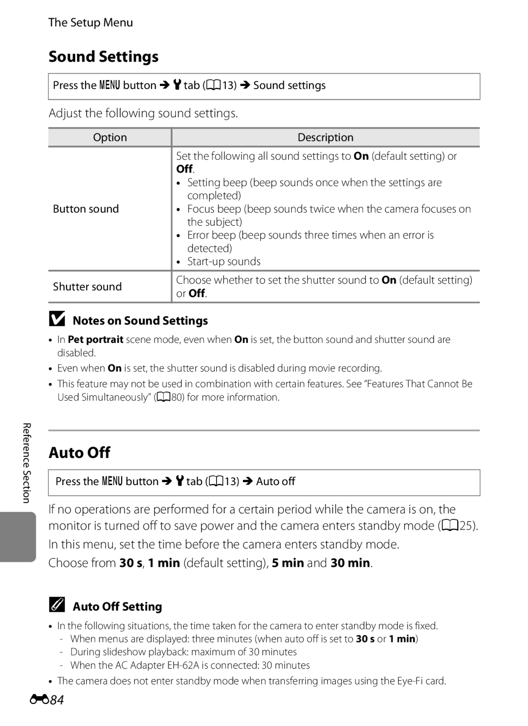 Nikon COOLPIXP510BLK, COOLPIXP510RED manual Sound Settings, E84, Adjust the following sound settings, Auto Off Setting 