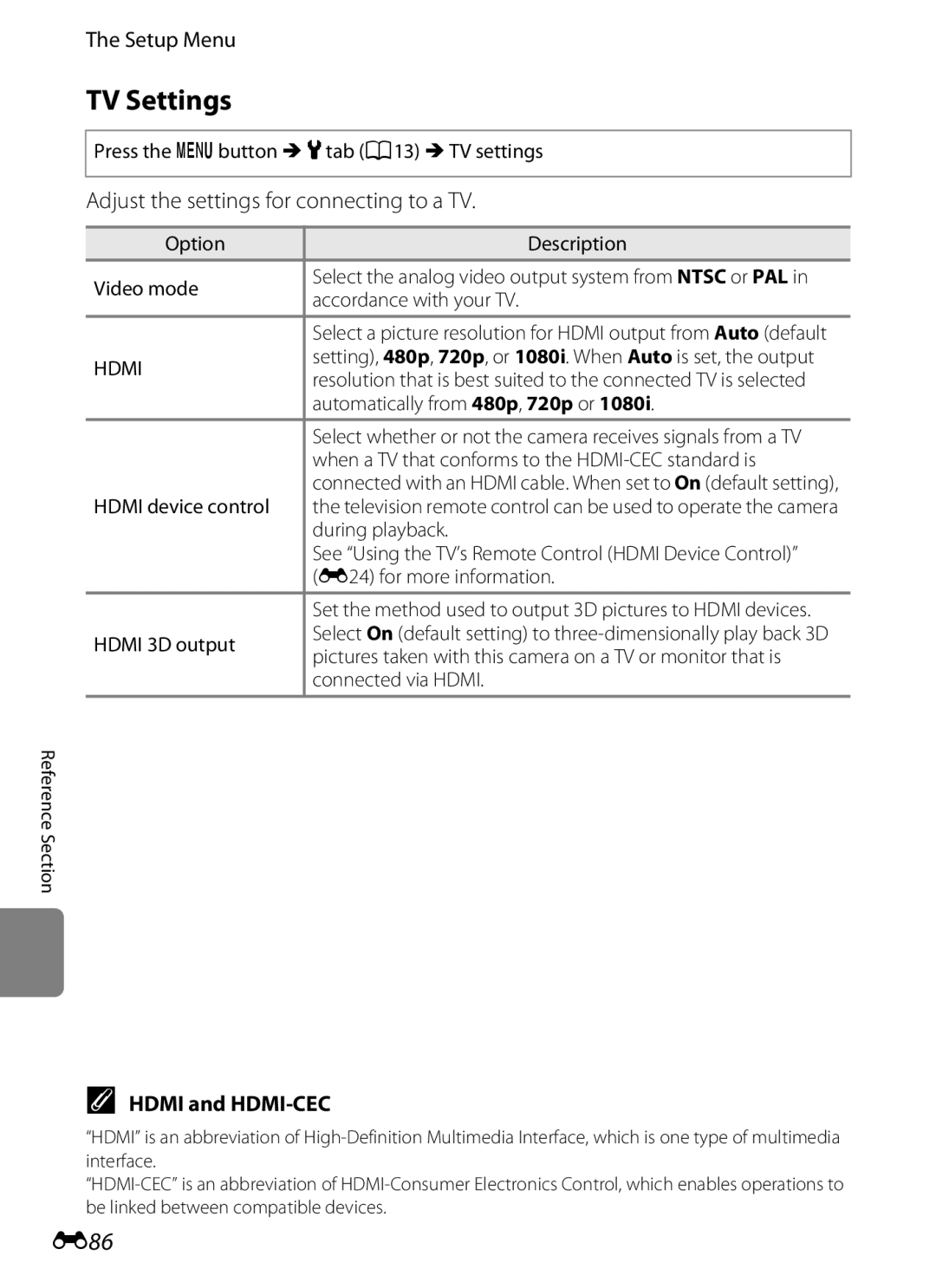 Nikon COOLPIXP510BLK, COOLPIXP510RED TV Settings, E86, Adjust the settings for connecting to a TV, Hdmi and HDMI-CEC 