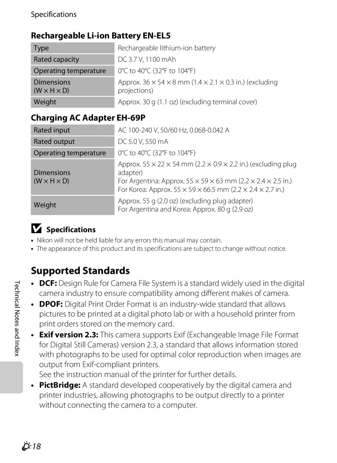 Nikon COOLPIXP510RED manual Supported Standards, Rechargeable Li-ion Battery EN-EL5, Charging AC Adapter EH-69P, F18 