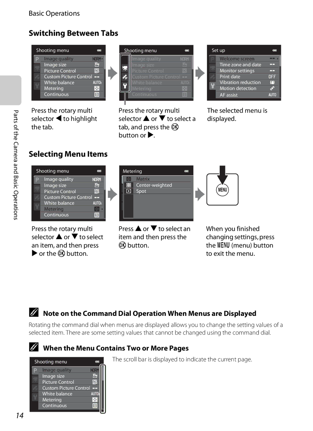 Nikon COOLPIXP510RED manual Switching Between Tabs, Selecting Menu Items, When the Menu Contains Two or More Pages 