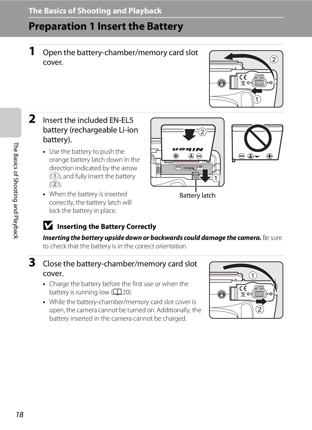 Nikon COOLPIXP510BLK, COOLPIXP510RED Preparation 1 Insert the Battery, Close the battery-chamber/memory card slot cover 