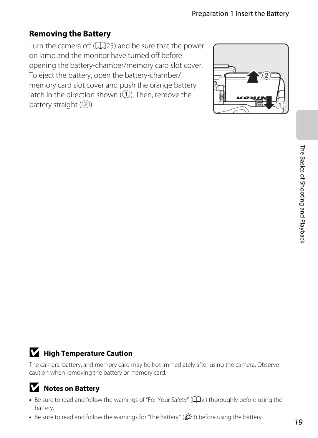 Nikon COOLPIXP510BLK, COOLPIXP510RED manual Removing the Battery, Preparation 1 Insert the Battery, High Temperature Caution 