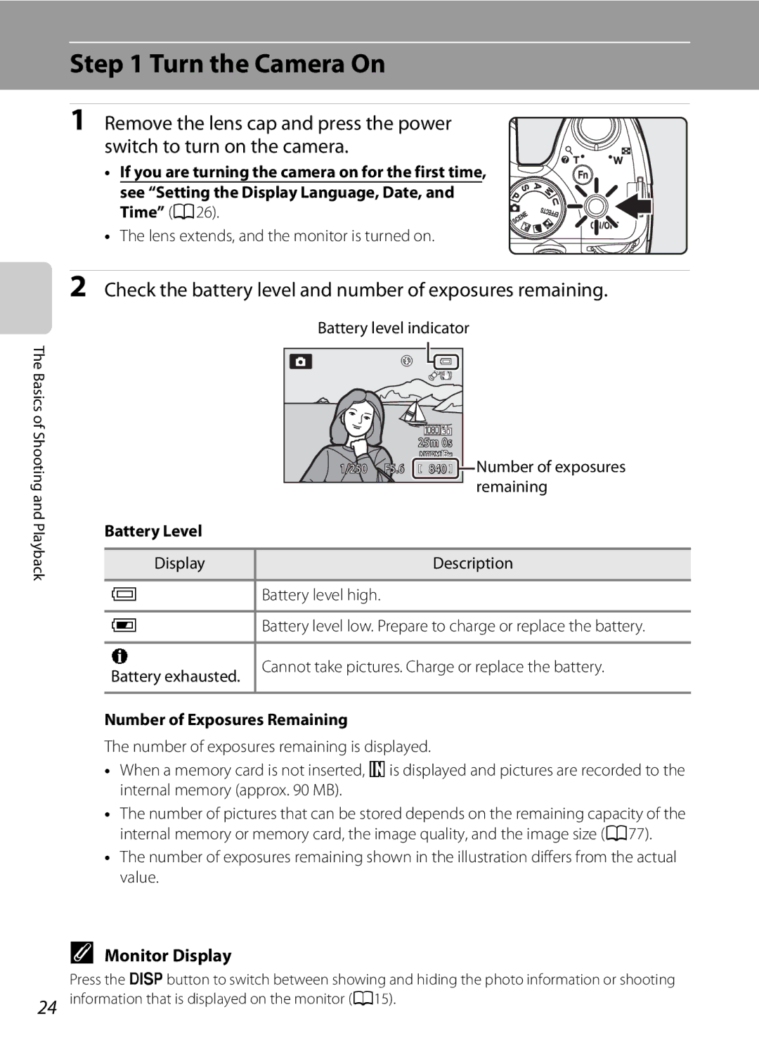 Nikon P510 Turn the Camera On, Check the battery level and number of exposures remaining, Monitor Display, Battery Level 