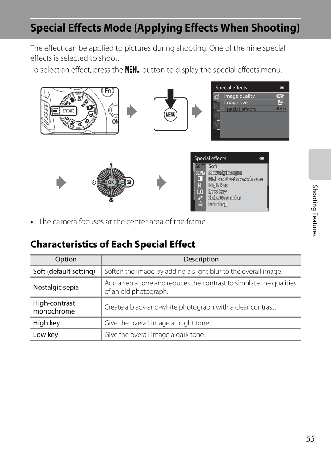 Nikon COOLPIXP510BLK manual Characteristics of Each Special Effect, Camera focuses at the center area of the frame 