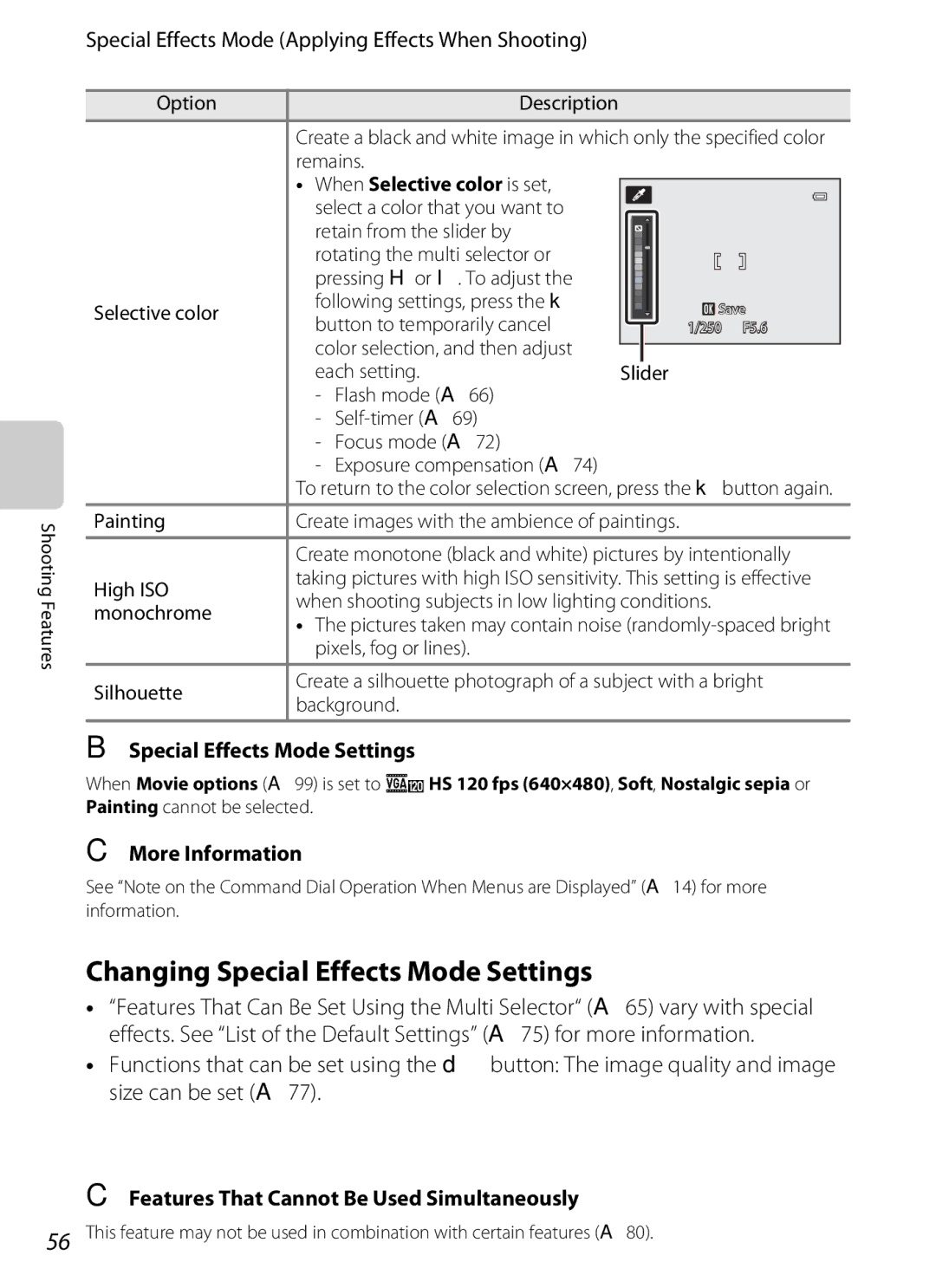 Nikon COOLPIXP510RED manual Changing Special Effects Mode Settings, Special Effects Mode Applying Effects When Shooting 