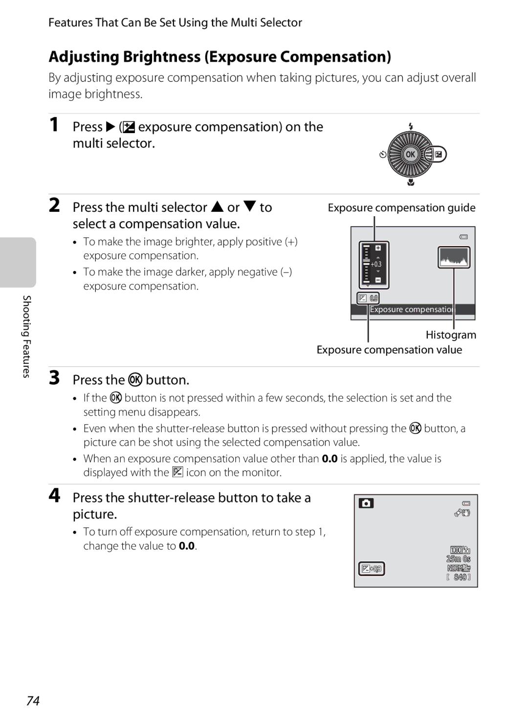 Nikon COOLPIXP510RED, COOLPIXP510BLK manual Adjusting Brightness Exposure Compensation 