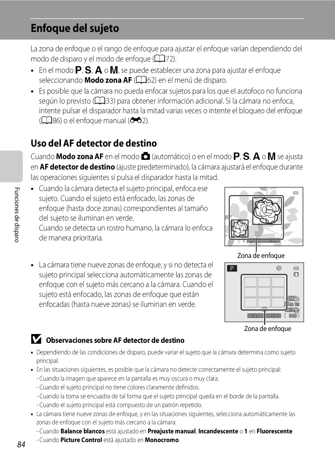 Nikon P510 manual Enfoque del sujeto, Observaciones sobre AF detector de destino, Zona de enfoque 