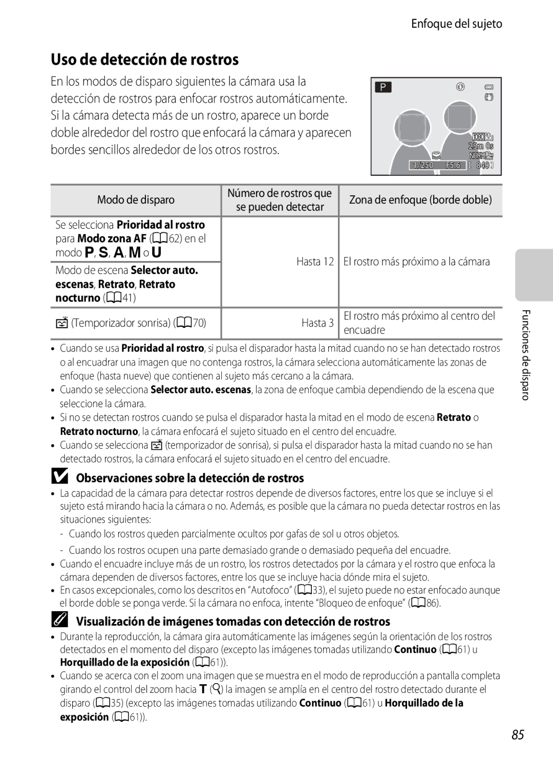 Nikon P510 manual Uso de detección de rostros, Enfoque del sujeto, Observaciones sobre la detección de rostros 