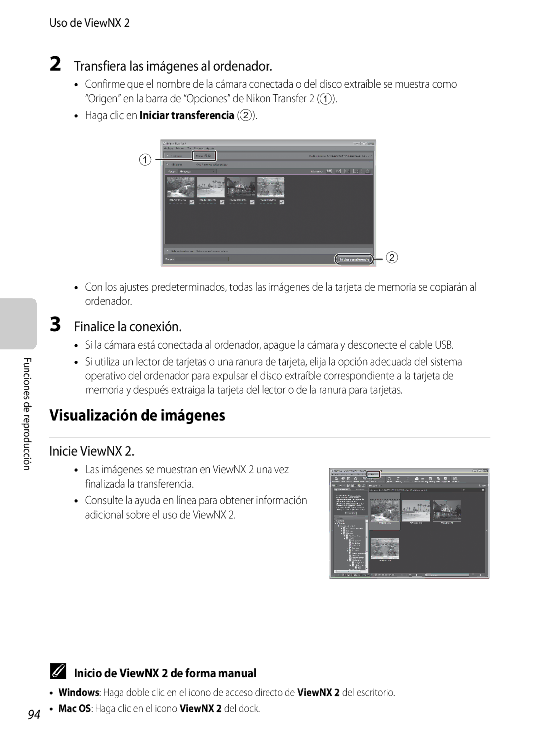 Nikon P510 manual Visualización de imágenes, Transfiera las imágenes al ordenador, Finalice la conexión, Inicie ViewNX 