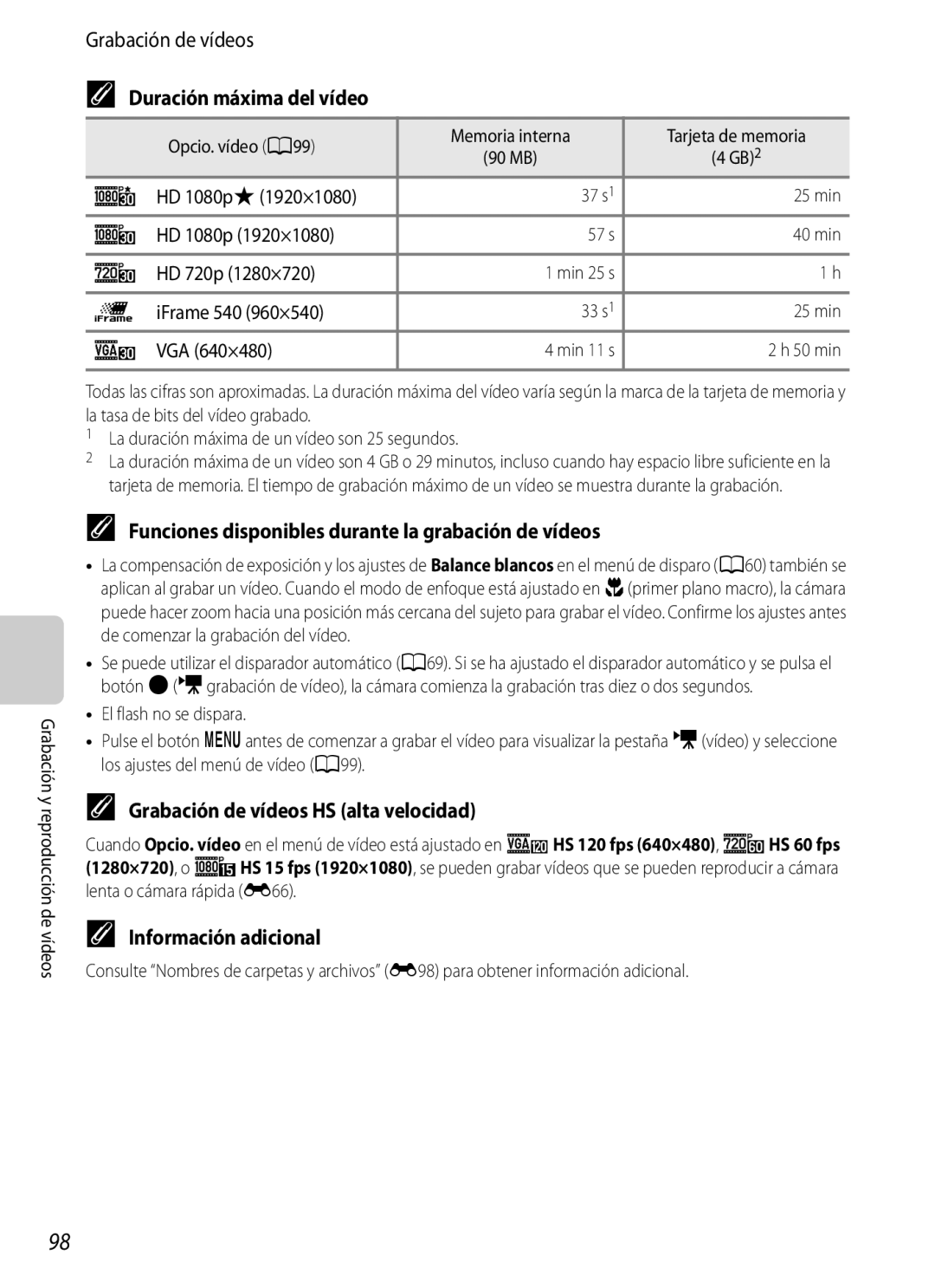 Nikon P510 manual Duración máxima del vídeo, Funciones disponibles durante la grabación de vídeos 