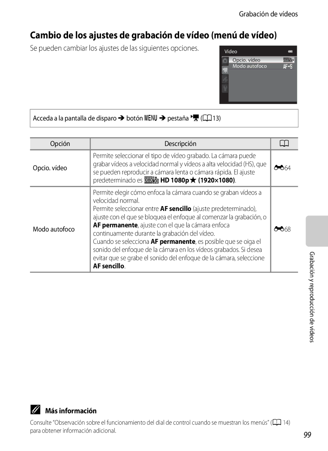 Nikon P510 manual Opcio. vídeo, Predeterminado es dHD 1080pP1920×1080, Velocidad normal, AF sencillo 