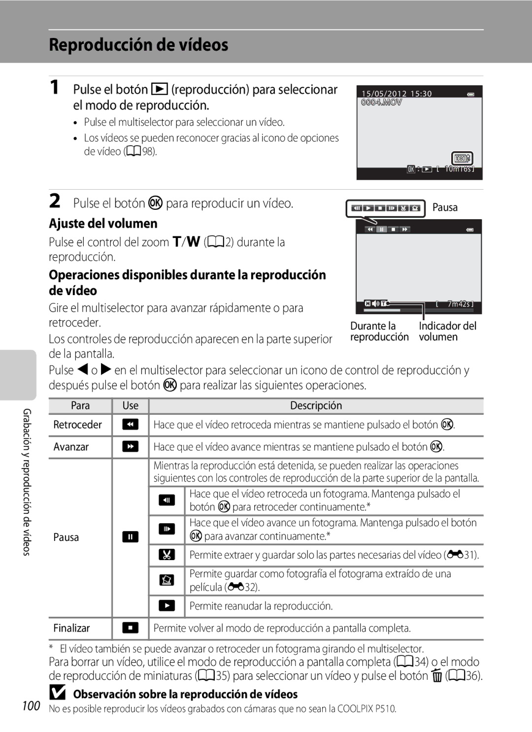 Nikon P510 manual Reproducción de vídeos, 100, Pulse el botón kpara reproducir un vídeo, Ajuste del volumen, De vídeo 