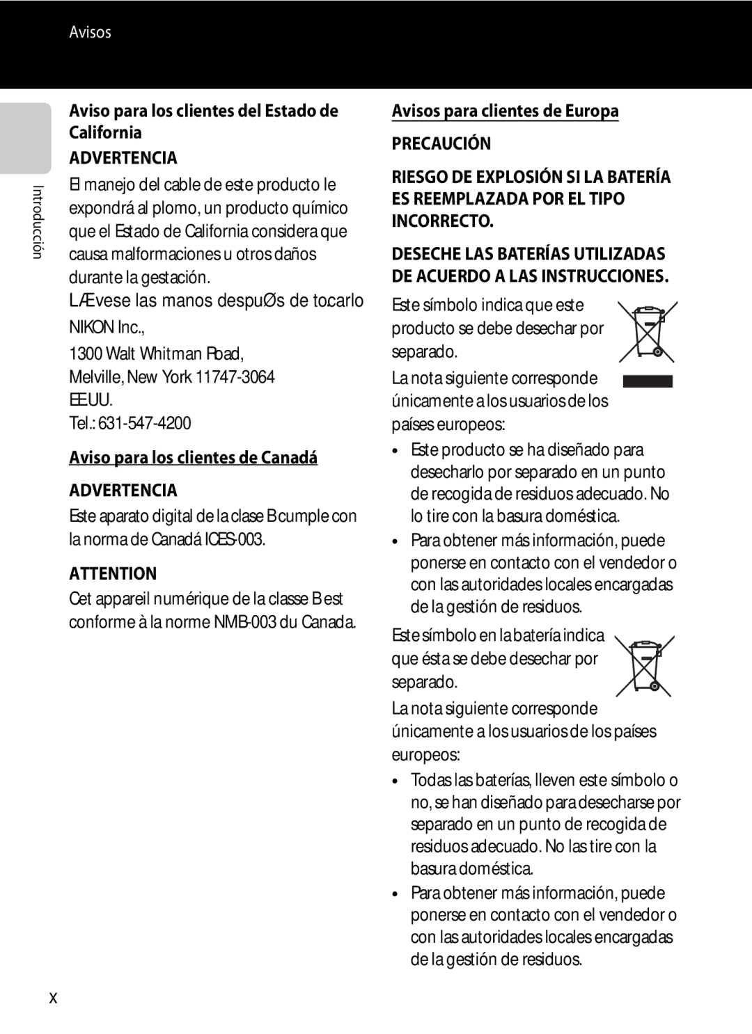 Nikon P510 manual Aviso para los clientes del Estado de California, Nikon Inc Walt Whitman Road Melville, New York, Tel 