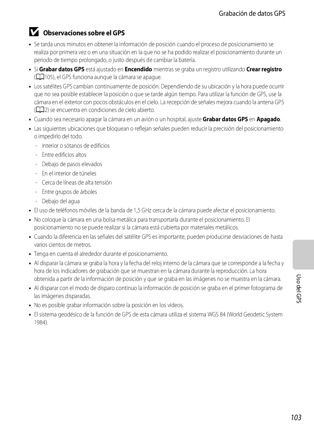 Nikon P510 manual 103, Grabación de datos GPS, Observaciones sobre el GPS 