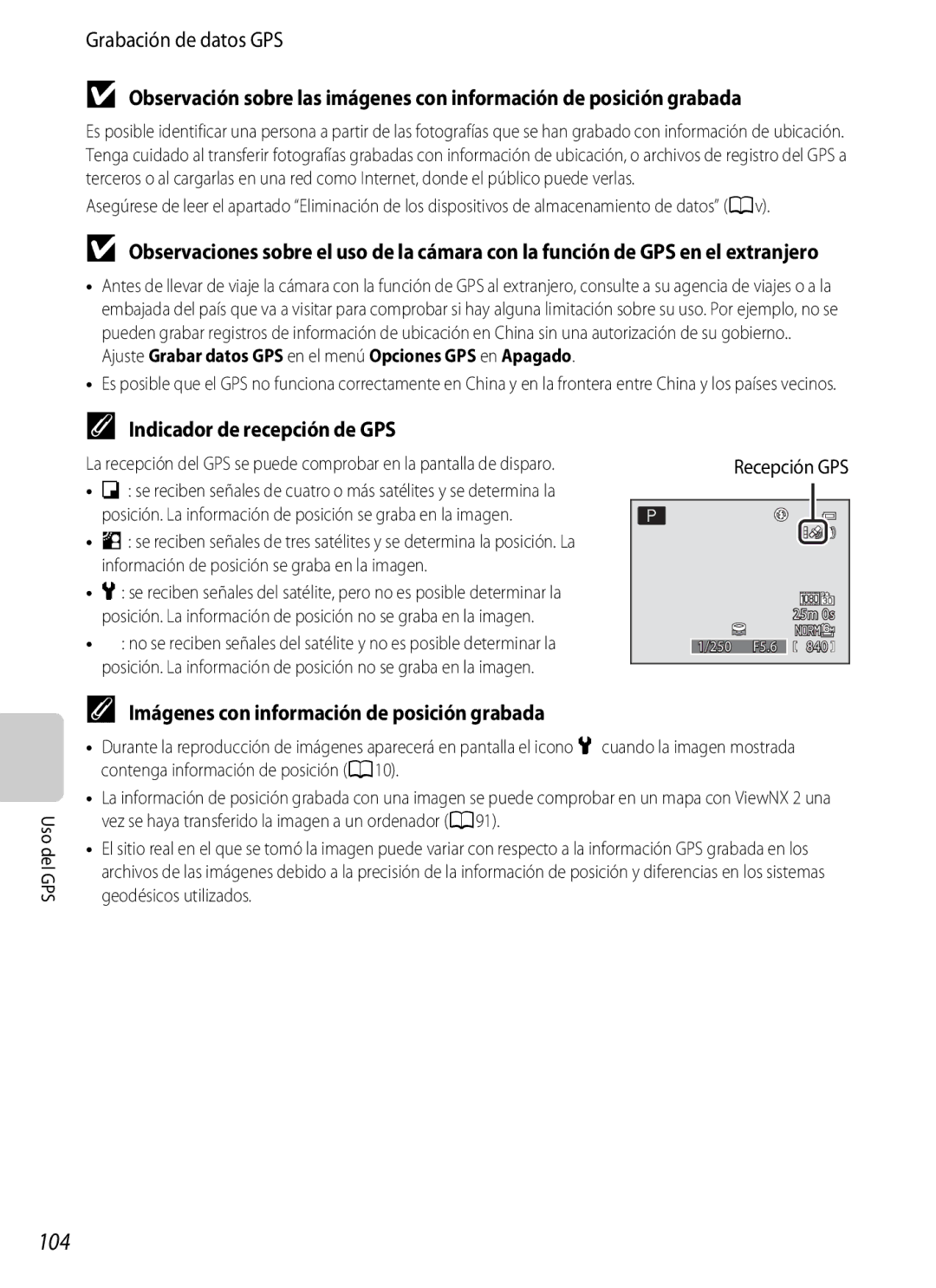 Nikon P510 manual 104, Indicador de recepción de GPS, Imágenes con información de posición grabada, Recepción GPS 