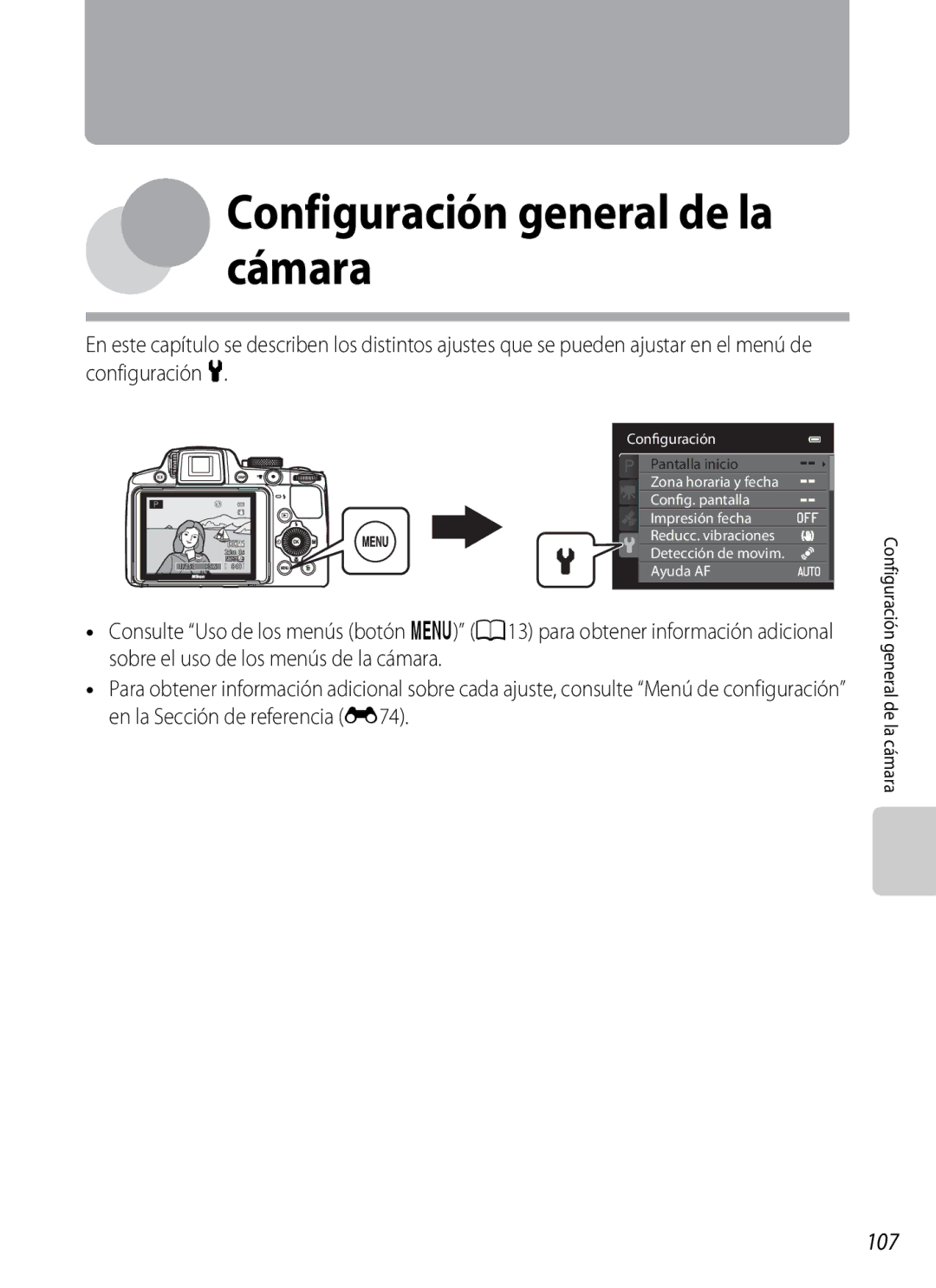 Nikon P510 manual Configuración general de la cámara, 107 