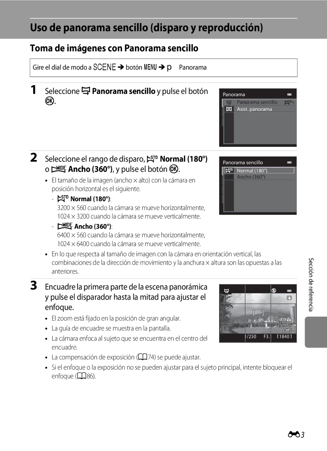 Nikon P510 manual Uso de panorama sencillo disparo y reproducción, Toma de imágenes con Panorama sencillo 