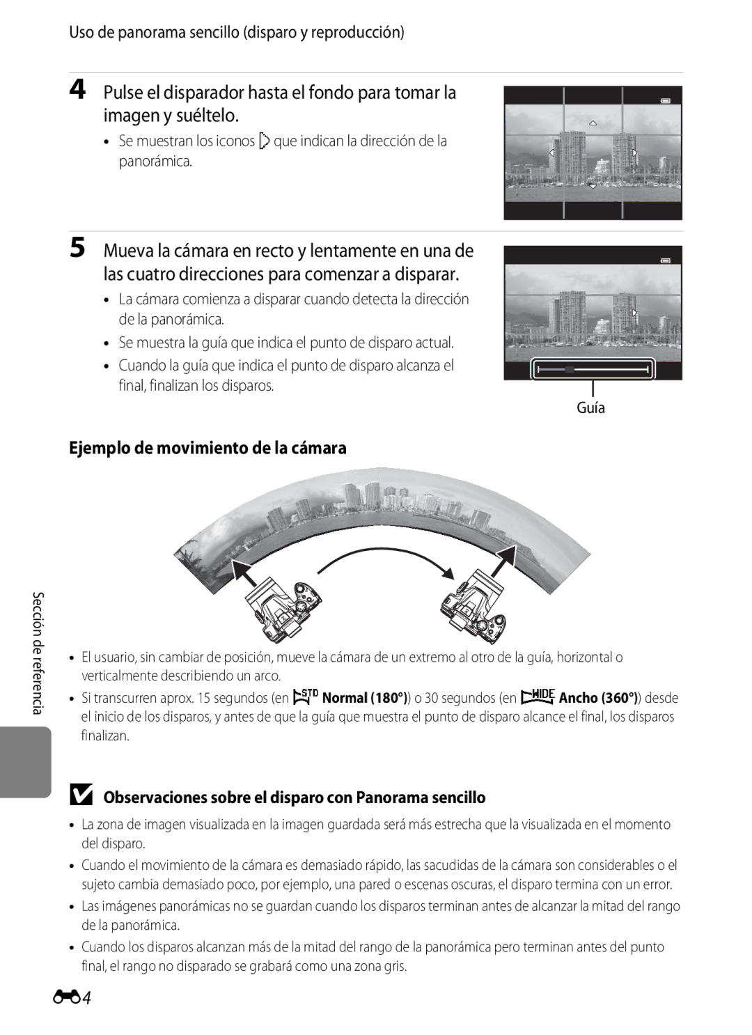 Nikon P510 manual Uso de panorama sencillo disparo y reproducción, Ejemplo de movimiento de la cámara, Guía 