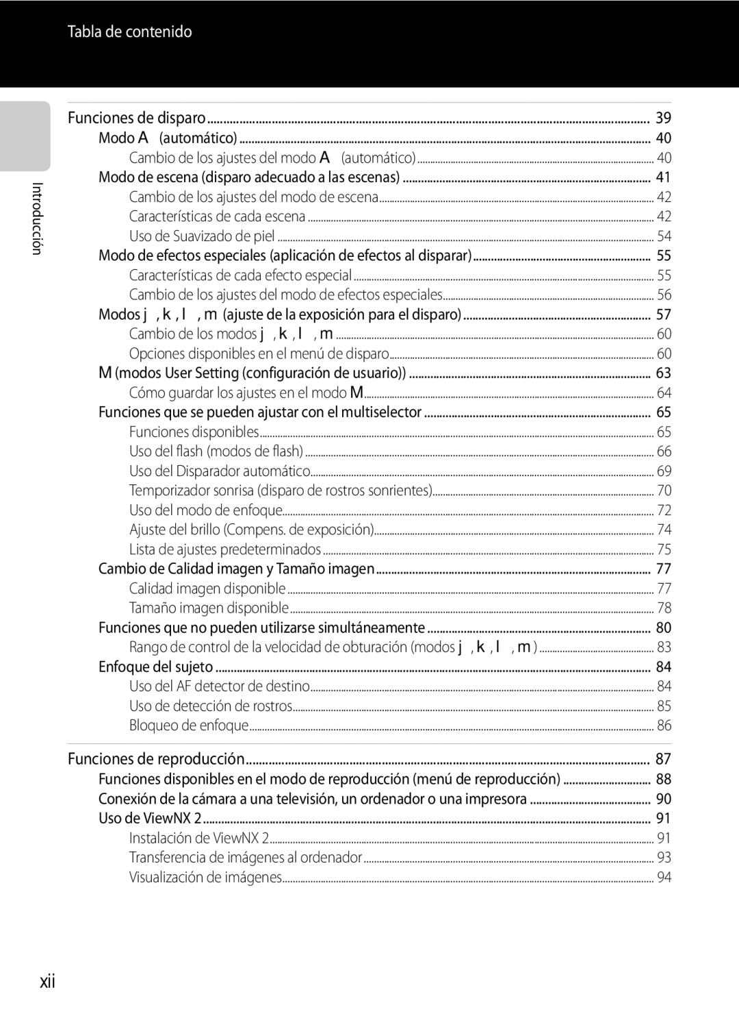 Nikon P510 manual Xii, Tabla de contenido 