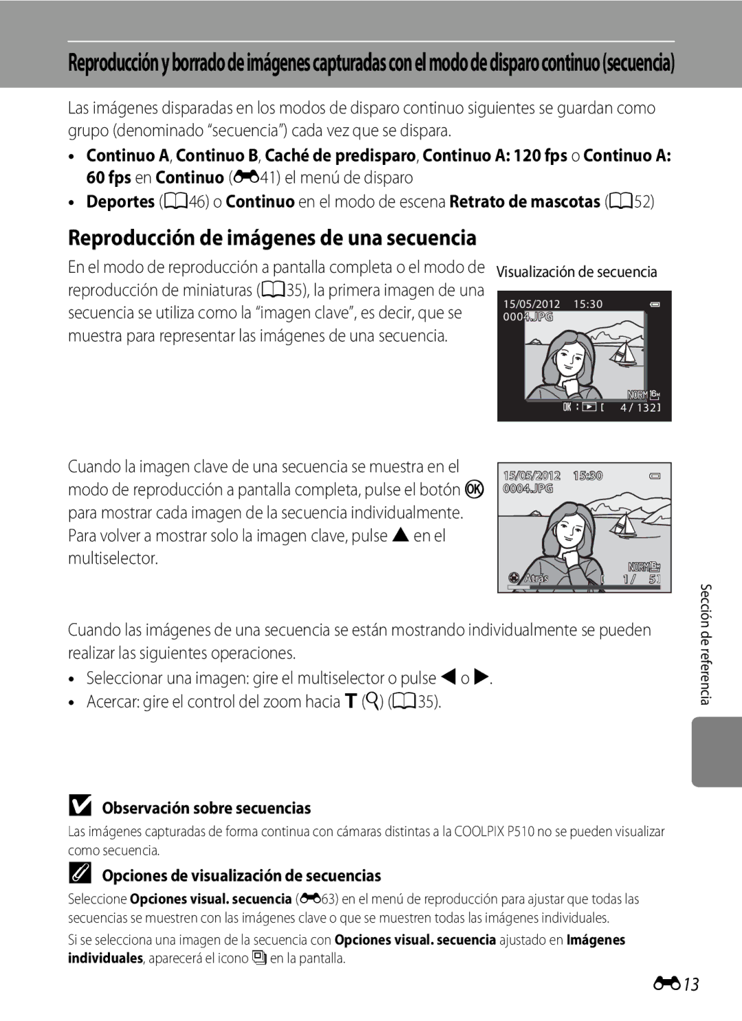 Nikon P510 manual Reproducción de imágenes de una secuencia, E13, Observación sobre secuencias, Visualización de secuencia 