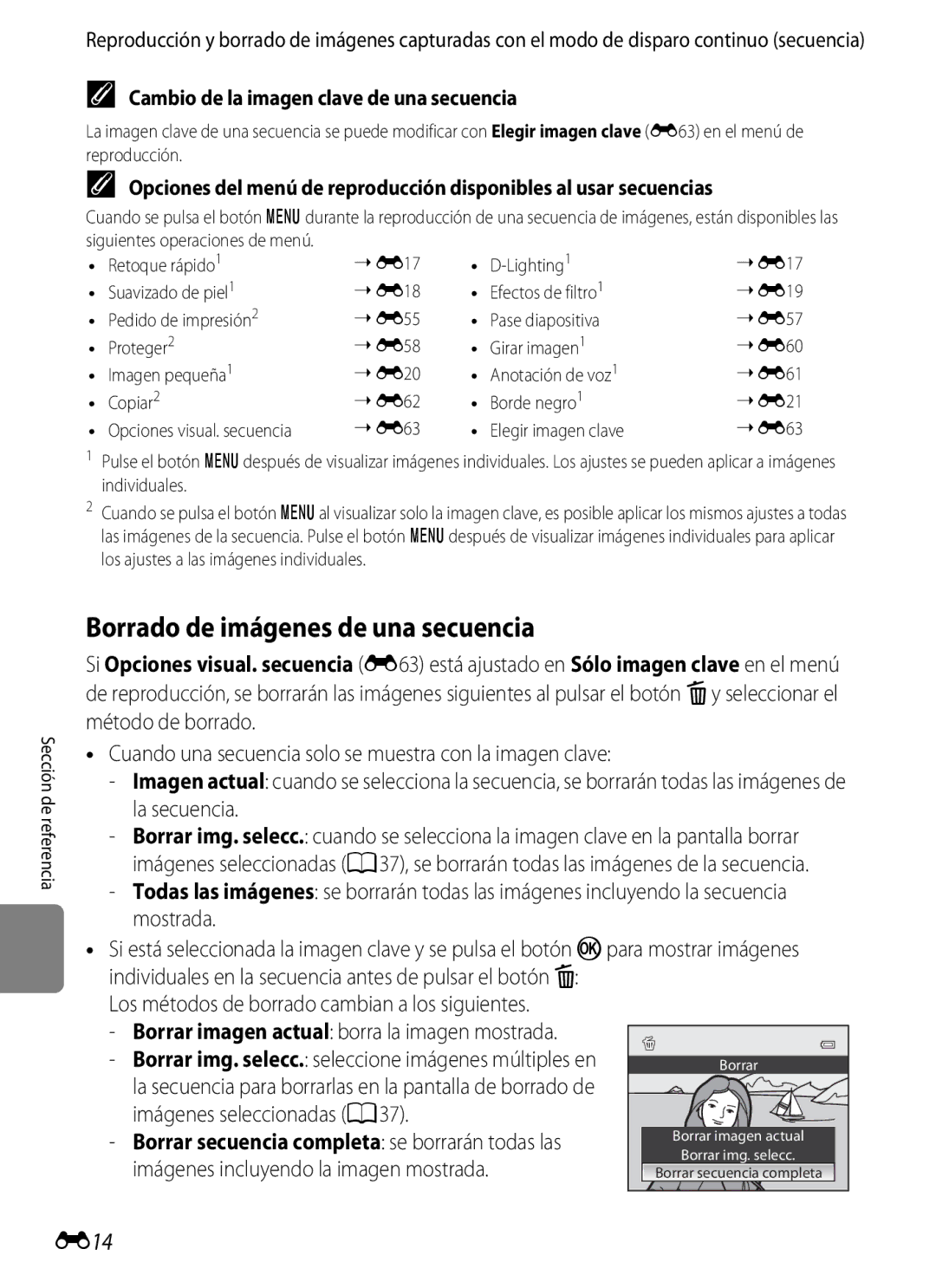 Nikon P510 manual Borrado de imágenes de una secuencia, E14, Cambio de la imagen clave de una secuencia 