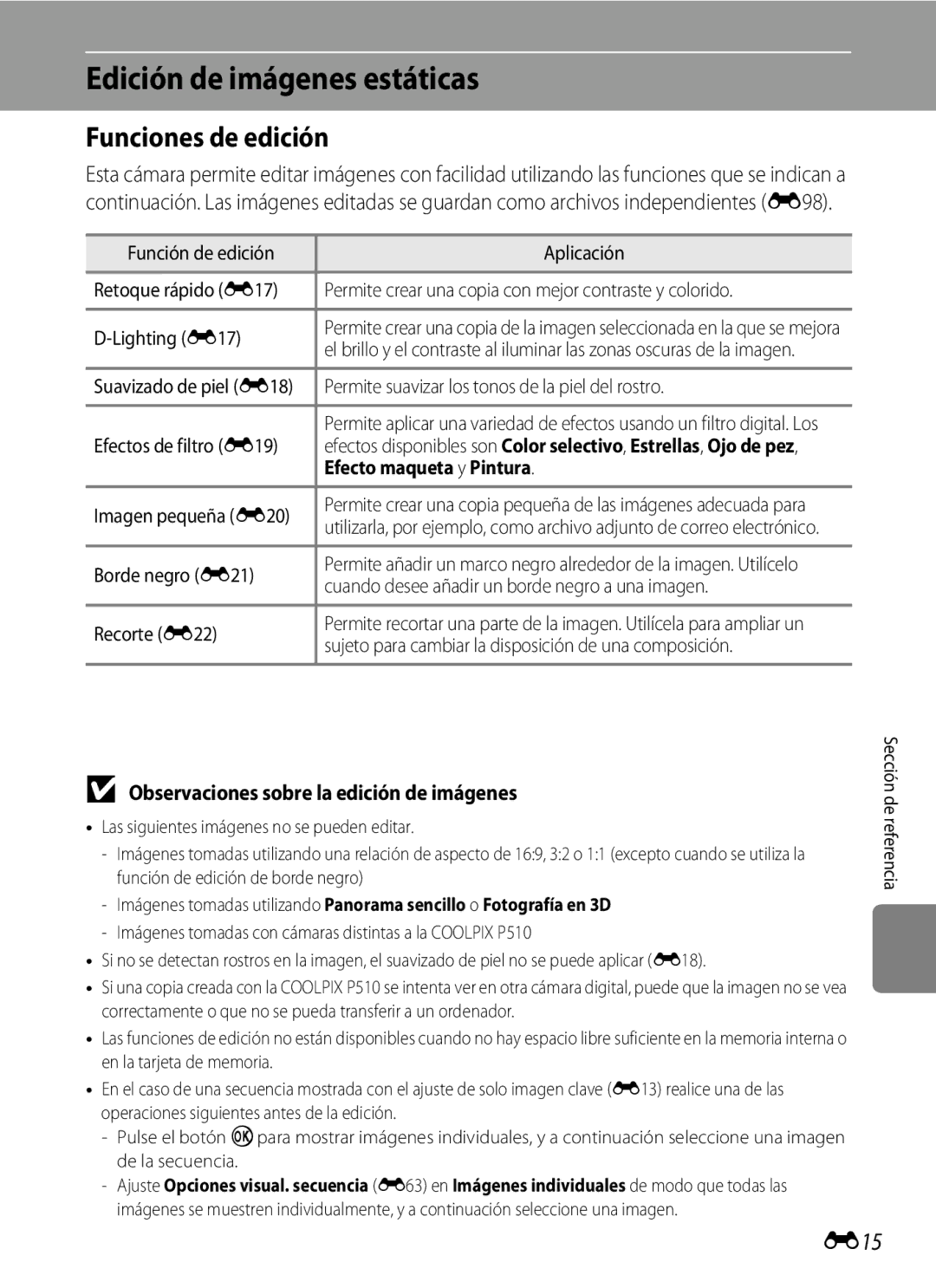 Nikon P510 manual Edición de imágenes estáticas, Funciones de edición, E15, Observaciones sobre la edición de imágenes 