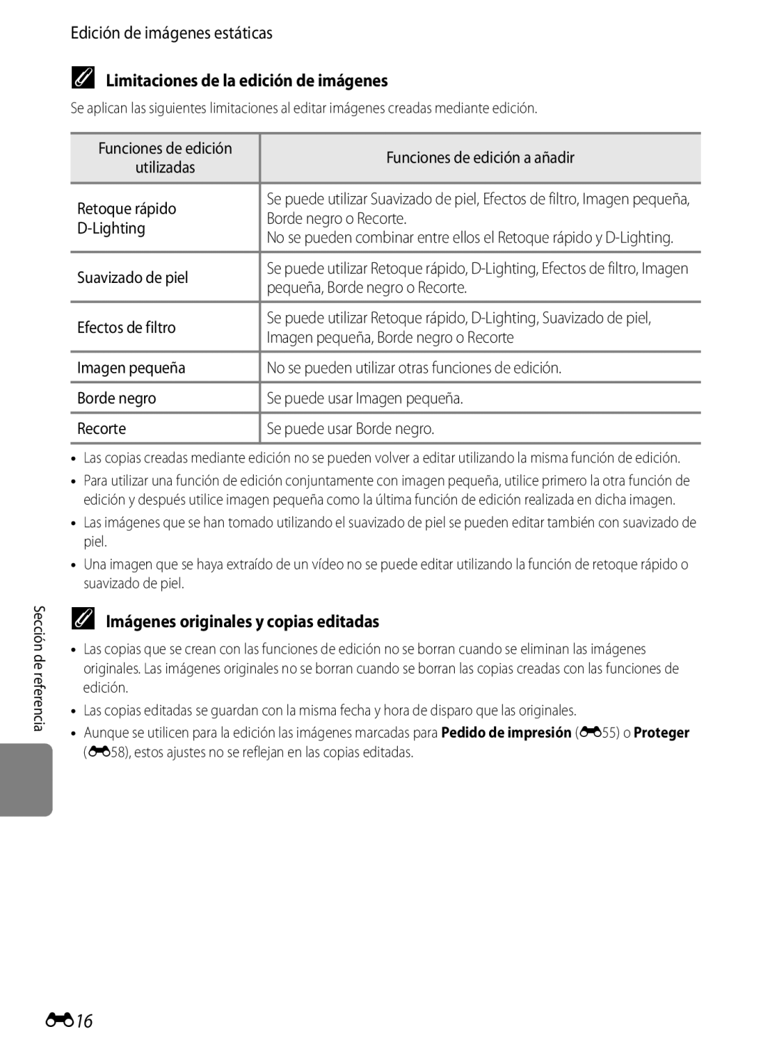 Nikon P510 manual E16, Edición de imágenes estáticas, Limitaciones de la edición de imágenes 