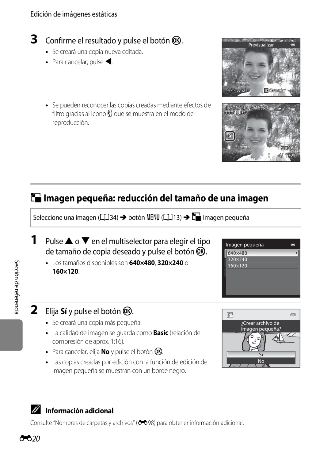 Nikon P510 manual GImagen pequeña reducción del tamaño de una imagen, Confirme el resultado y pulse el botón k, E20 