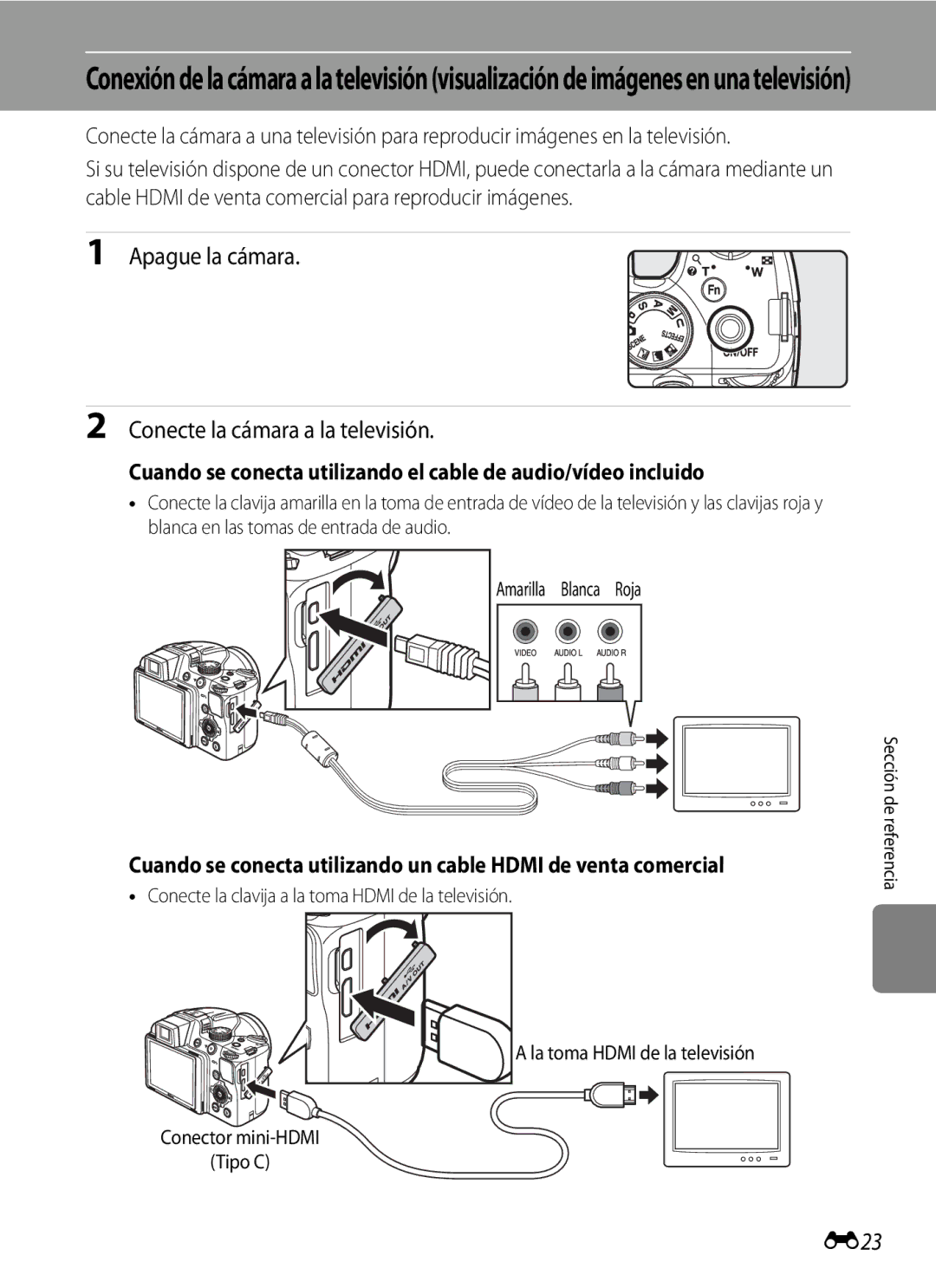 Nikon P510 manual Apague la cámara Conecte la cámara a la televisión, E23, Amarilla Blanca Roja 