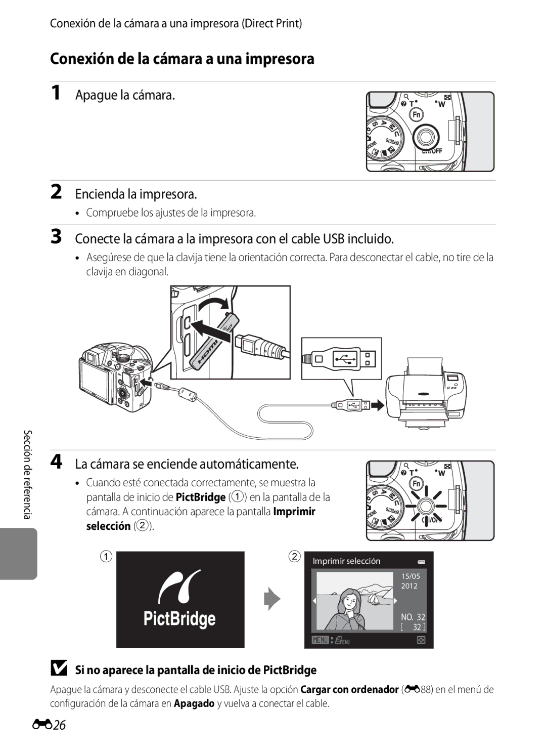 Nikon P510 manual Conexión de la cámara a una impresora, E26 