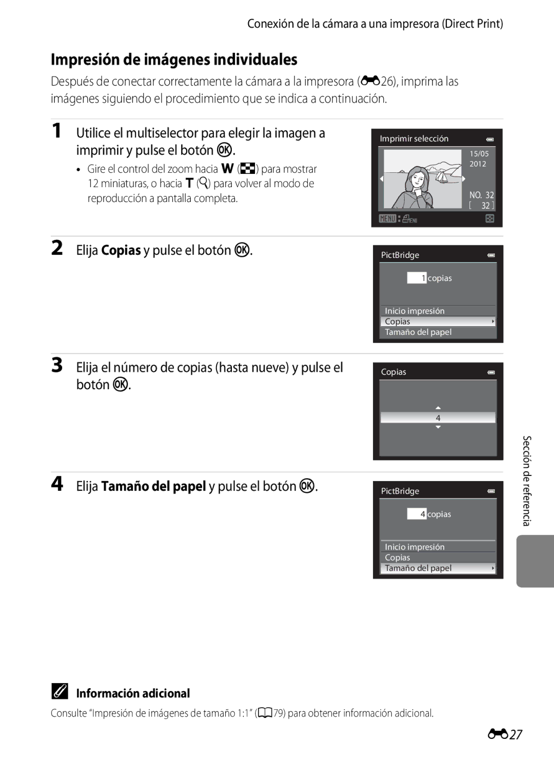 Nikon P510 manual Impresión de imágenes individuales, Elija Tamaño del papel y pulse el botón k, E27 