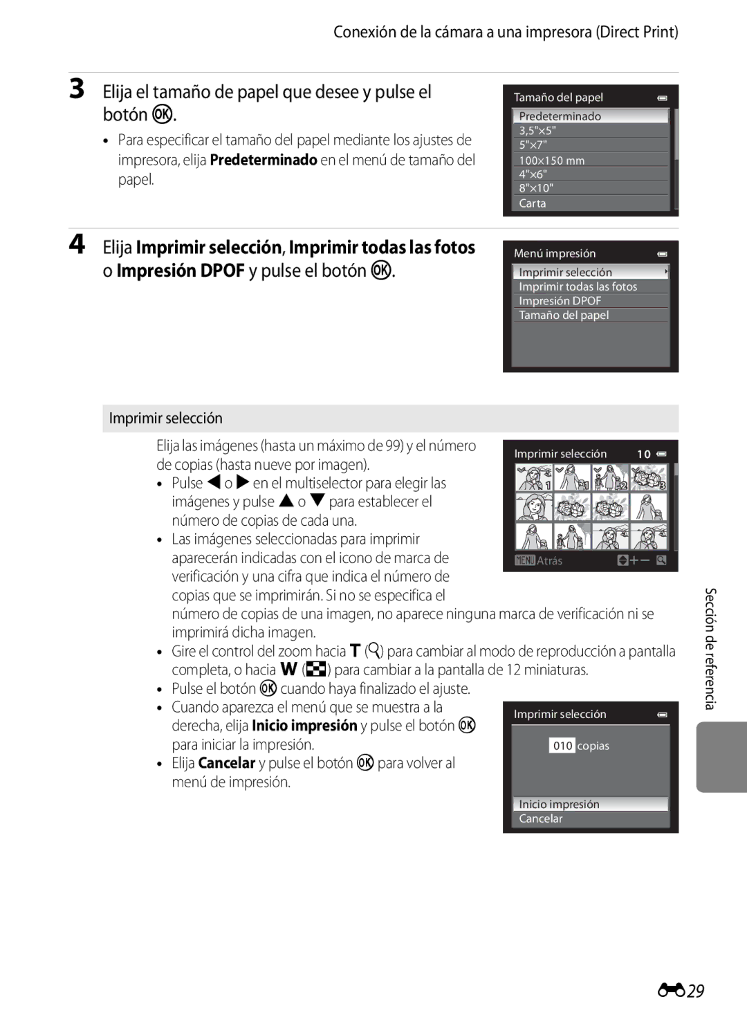 Nikon P510 manual E29, Conexión de la cámara a una impresora Direct Print, Imprimir selección 