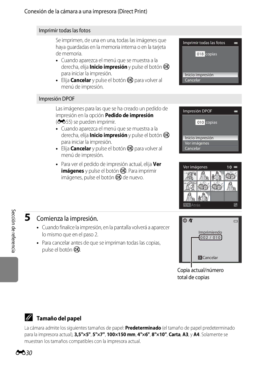 Nikon P510 manual E30, Tamaño del papel, Imprimir todas las fotos 