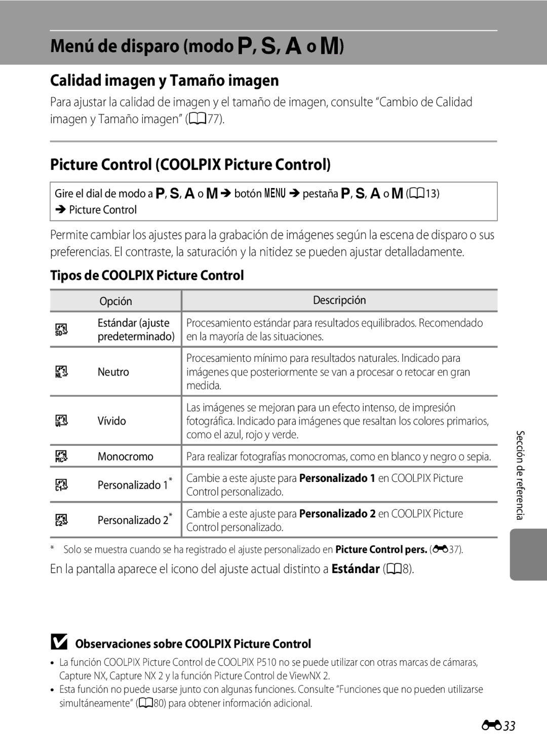 Nikon P510 Menú de disparo modo j, k, l o m, Calidad imagen y Tamaño imagen, Picture Control Coolpix Picture Control, E33 