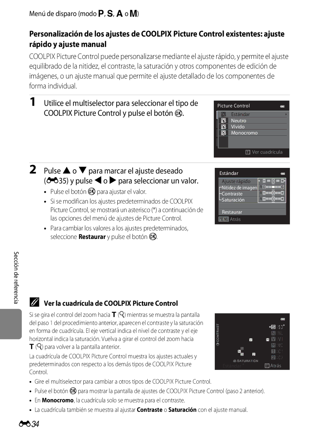 Nikon P510 manual Coolpix Picture Control y pulse el botón k, E34, Menú de disparo modo j, k, l o m 