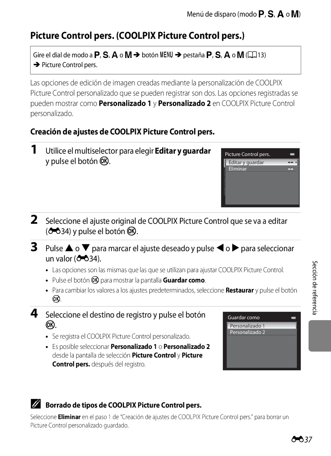 Nikon P510 Picture Control pers. Coolpix Picture Control pers, Creación de ajustes de Coolpix Picture Control pers, E37 