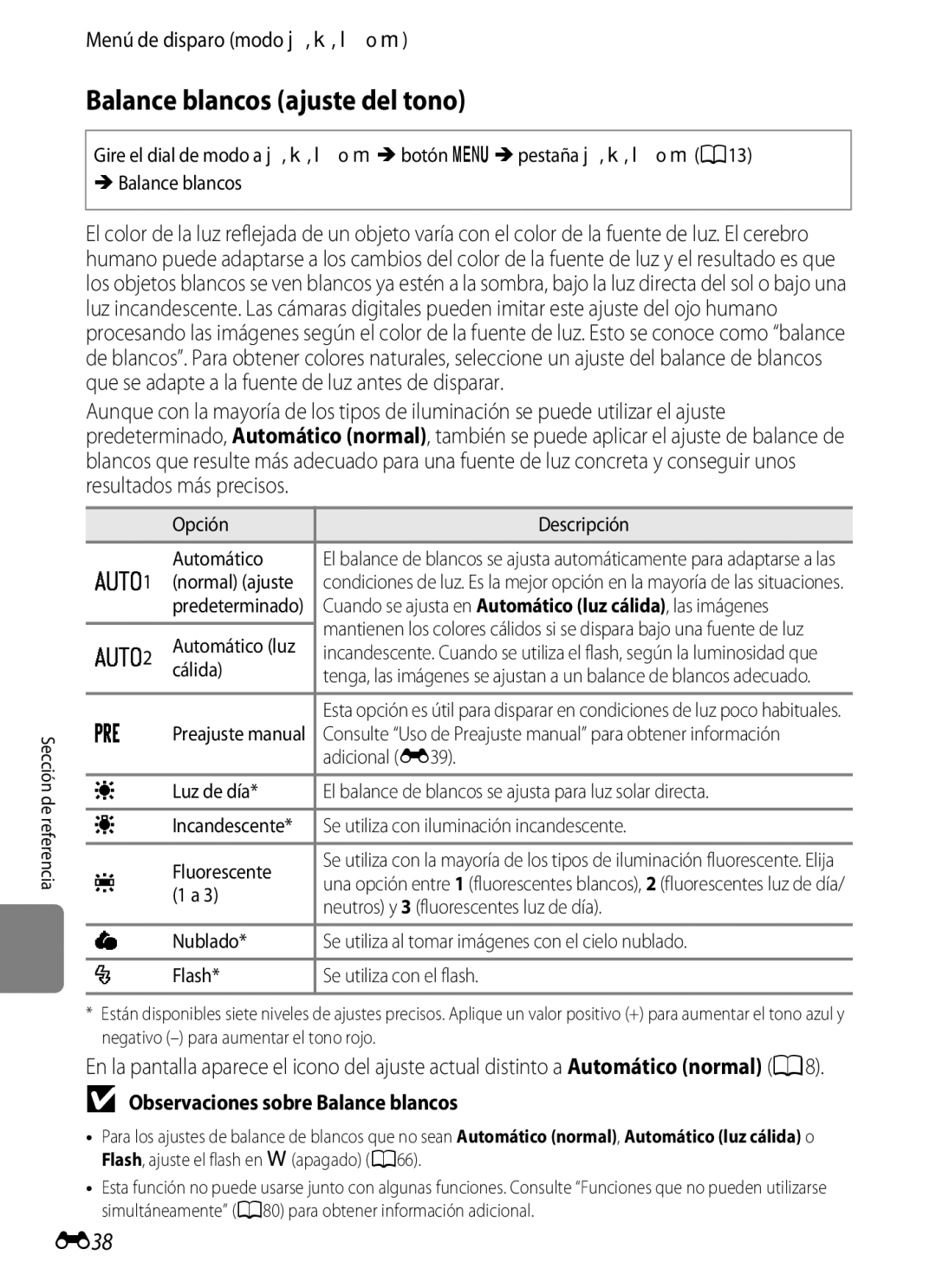 Nikon P510 manual Balance blancos ajuste del tono, E38, Observaciones sobre Balance blancos 