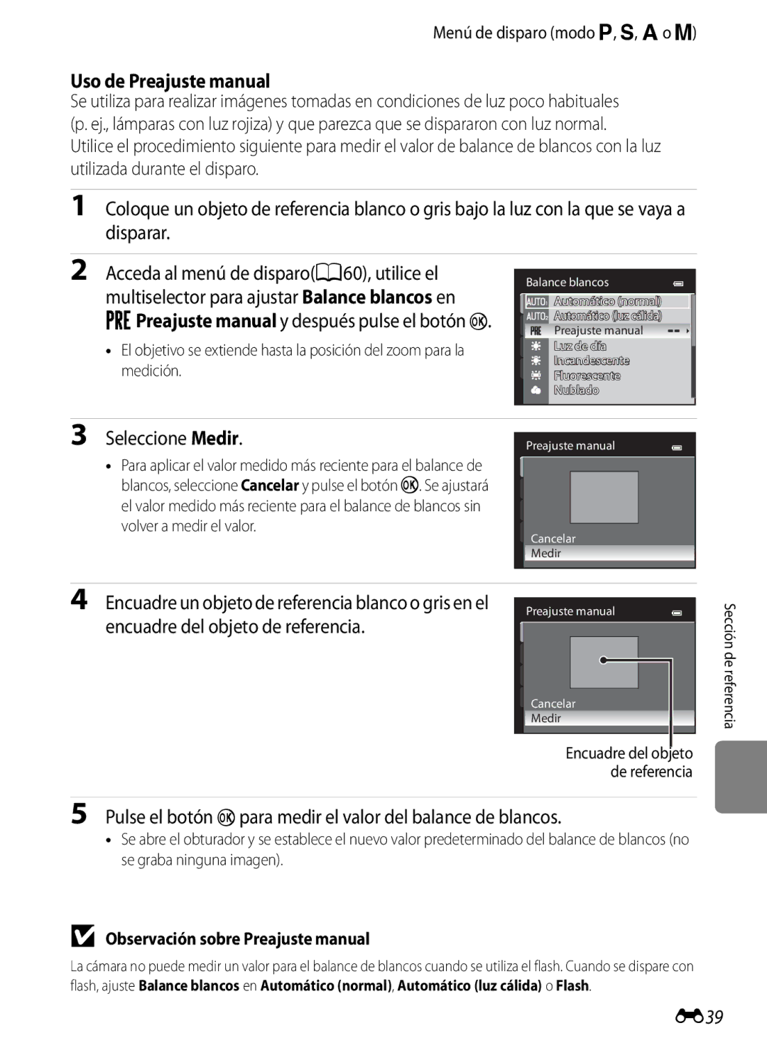 Nikon P510 Uso de Preajuste manual, Seleccione Medir, Pulse el botón kpara medir el valor del balance de blancos, E39 