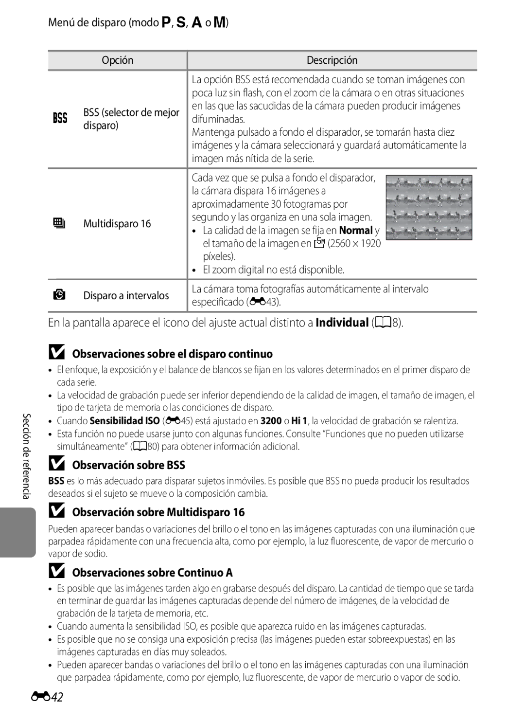 Nikon P510 manual E42, Observaciones sobre el disparo continuo, Observación sobre BSS, Observación sobre Multidisparo 