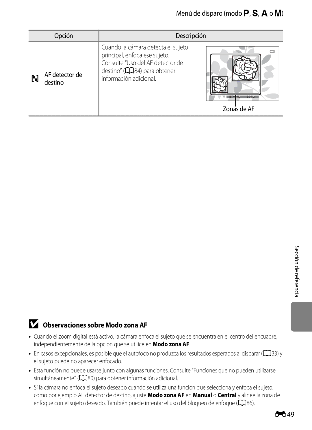 Nikon P510 manual E49, Observaciones sobre Modo zona AF, Zonas de AF 